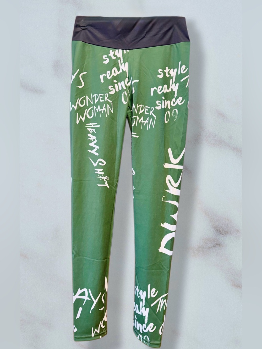 Green Graphic Print Leggings with Black Waistband